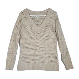 Aerie Oversized Open Knit Sweater Womens Small V-neck Beige Soft Cozy